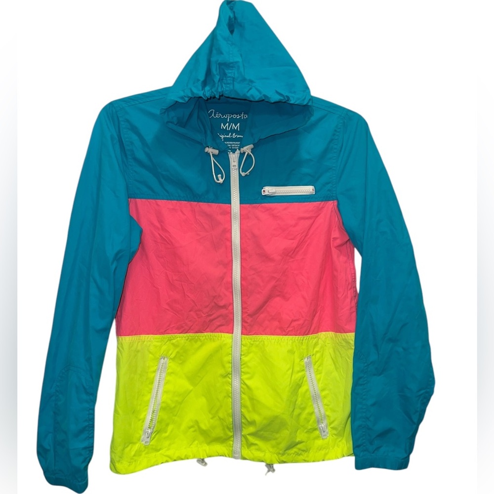 Aeropostale Windbreaker Jacket, Neon Blue, Pink and Yellow, Full Zip, Women’s M